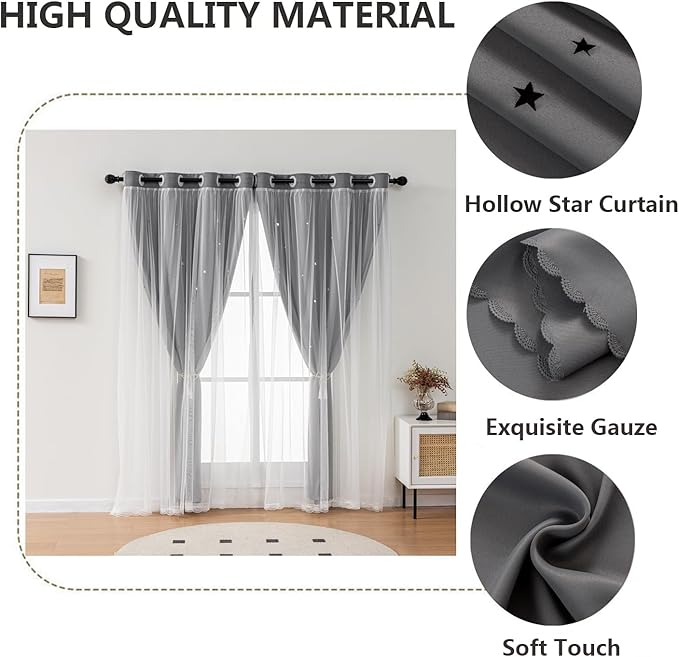 Light Gray Curtains for Kids Bedroom Nursery Decor Star Cutout Double Layer - Image 4