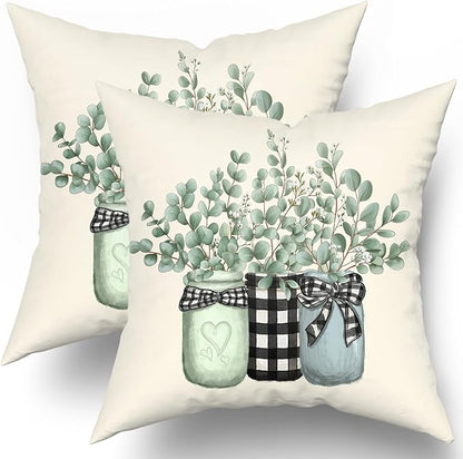 Eucalyptus Leaves Throw Pillow Covers Set of 2 Spring Green Botanical Plaid Jar by Granbey