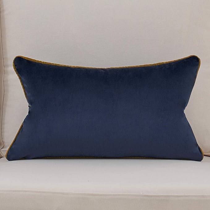 Avigers 12 x 20 Inch Navy Blue Gold Leather Striped Lines Velvet Cushion Case - Image 2