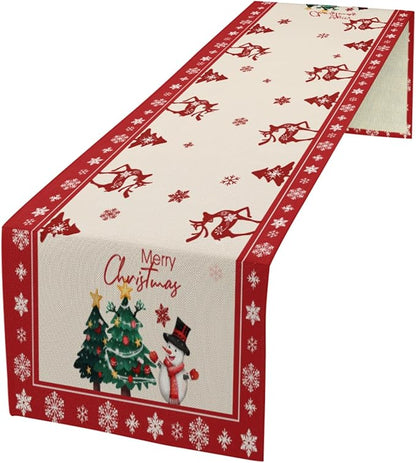 Merry Christmas Elk Deer Table Runner, Snowman Linen Table Runners, Snowflake - Image 2