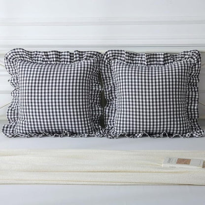 Black/White Plaid Ruffle Throw Pillow Covers Set of 2, Checkered Washed Cotton - Image 8