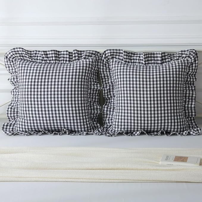 Black/White Plaid Ruffle Throw Pillow Covers Set of 2, Checkered Washed Cotton - Image 8