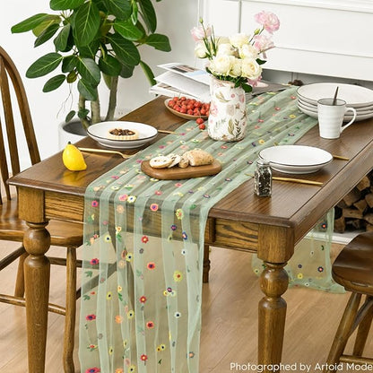 Artoid Mode 3PCS Sage Green Embroidery Daisy Gauze Table Runner 120 Inch 10FT - Image 3