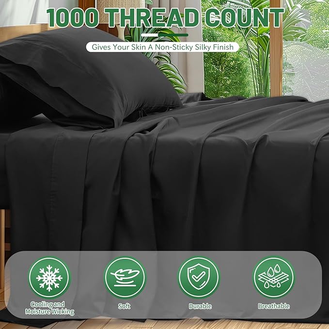 1000 Thread Count Egyptian Cotton Sheets Queen Size Set 4PCS Sateen Weave Soft - Image 2