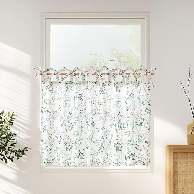 JINCHAN Linen Kitchen Curtain Floral Printed Tier Curtain 36 Inch Farmhouse by JINCHAN