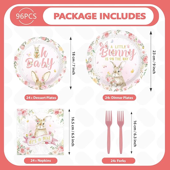 96 Pcs Easter Bunny Baby Shower Party Supplies A Little Bunny is on The Way - Image 5