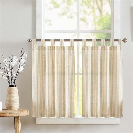 jinchan Tab Top Linen Kitchen Curtains 36 Inches Striped Tier Curtains by JINCHAN