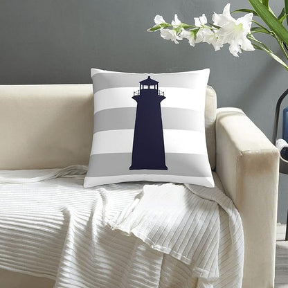 Myshe Square Nautical Navy Blue Lighthouse On Silver Gray Stripes Throw Pillow - Image 8