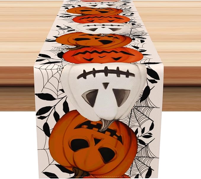 Happy Halloween Table Runner Pumpkin White Spider Web Fall Kitchen Dining Table by Kzzfqxb