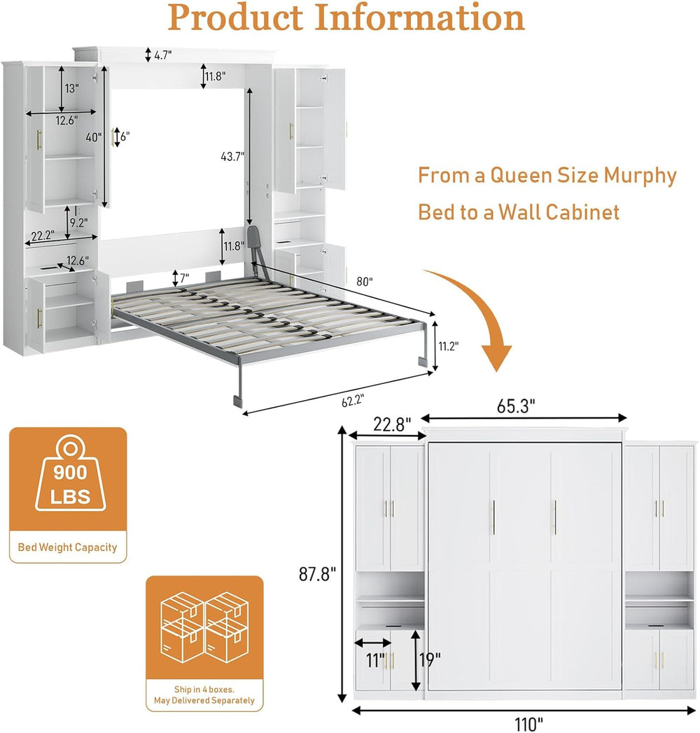 Murphy Bed Queen with 2 Storage Cabinets and USB Port, White
