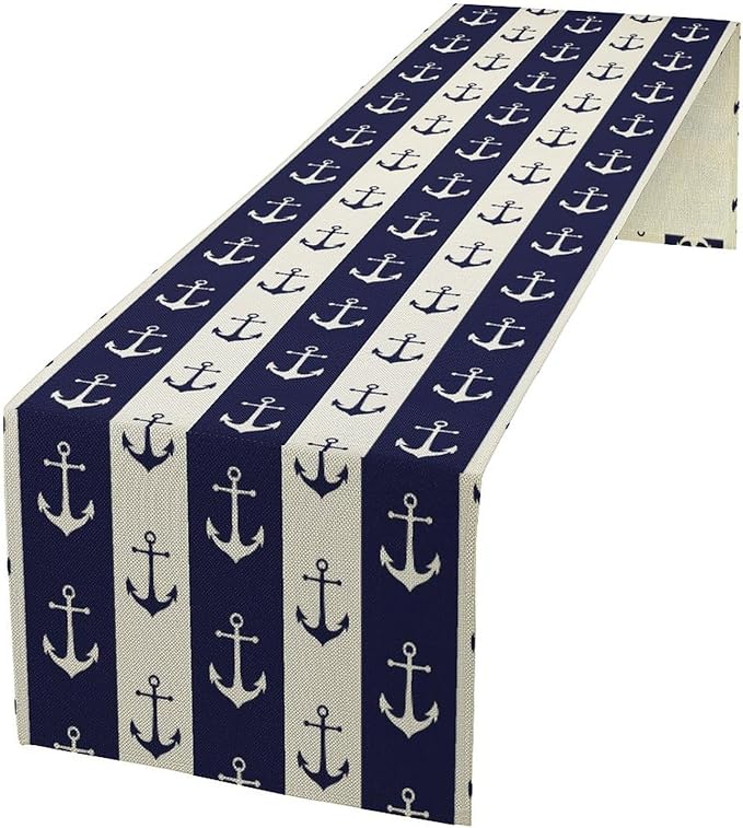 Nautical Anchor Table Runner, Ocean Beach Coastal Beach Stripe Background Theme by Unknown