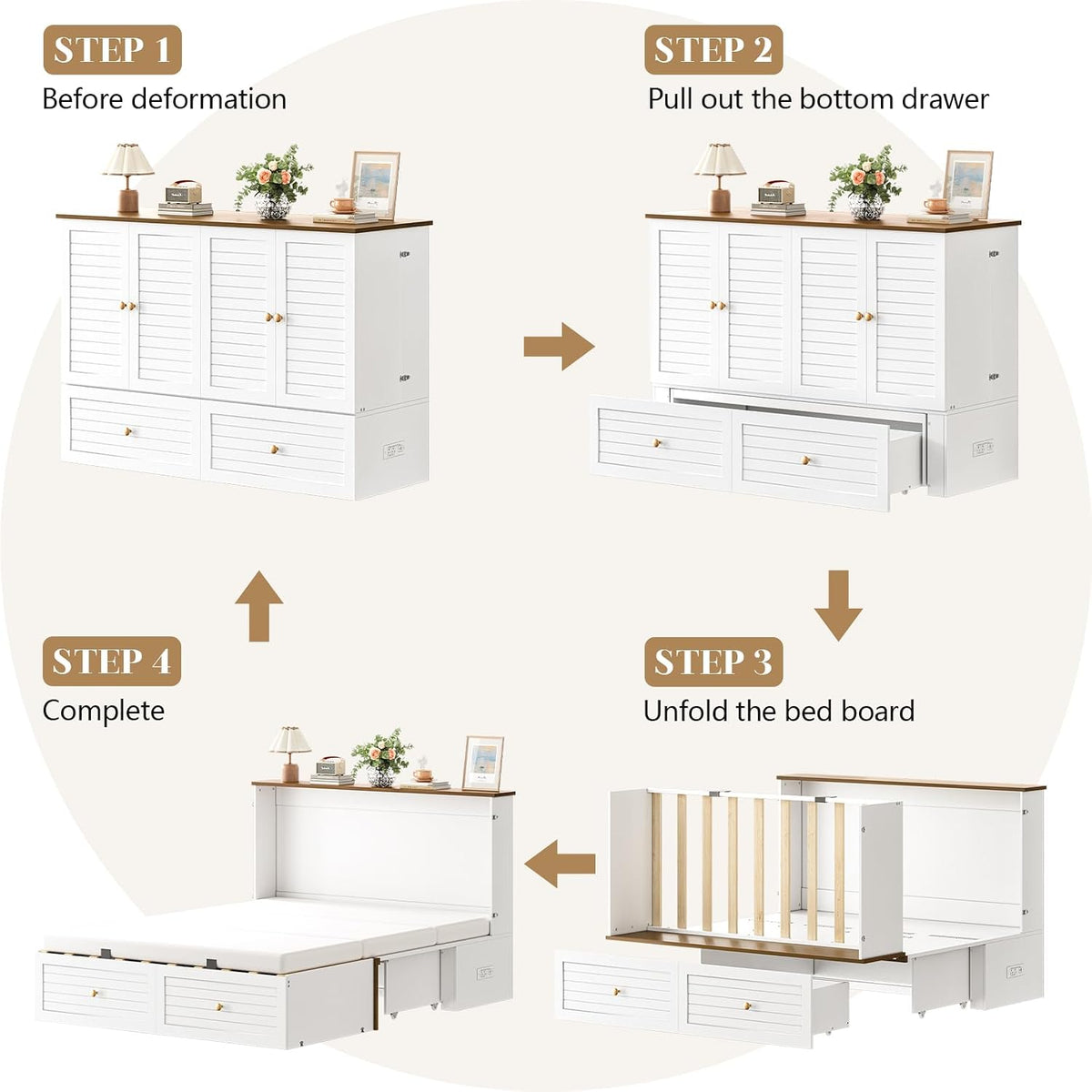 yoobure queen murphy bed with charging station, cabinet, front angle view