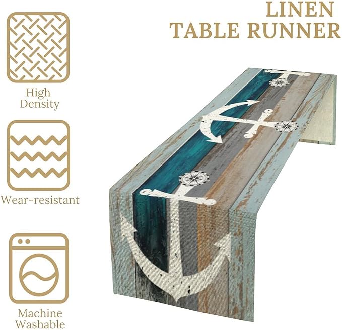 Vintage Nautical Anchor Table Runner Ocean Sea Theme Nautical Stripe Retro Wood - Image 4