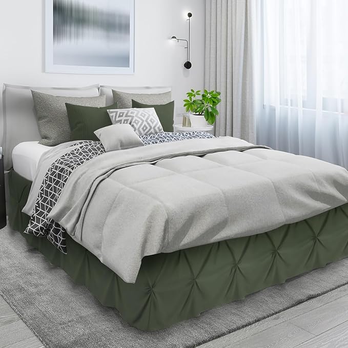 Nestl Olive Green Bed Skirt Queen Size, Pinch Pleat Queen Bed Skirt, Hotel - Image 3
