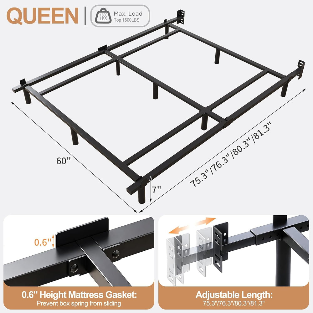 Queen Size 7 Inch Low Profile Metal Platform Bed Frames, Adjustable Length