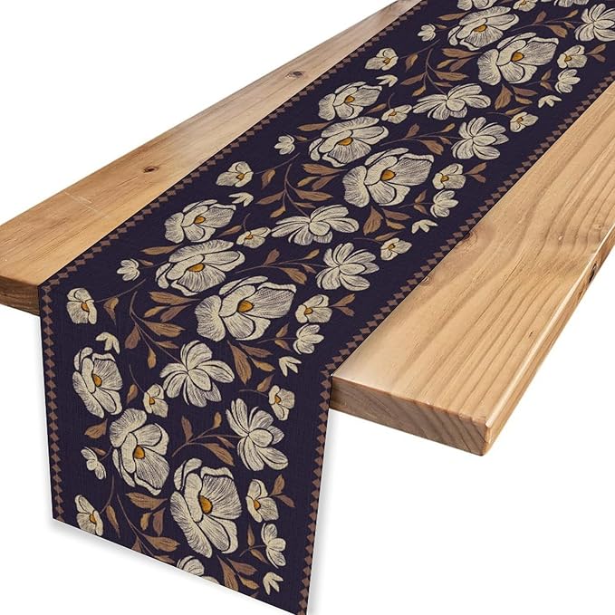 Dark Floral Table Runner, Abstract White Flower Seasonal Coffee Table Center - Image 4