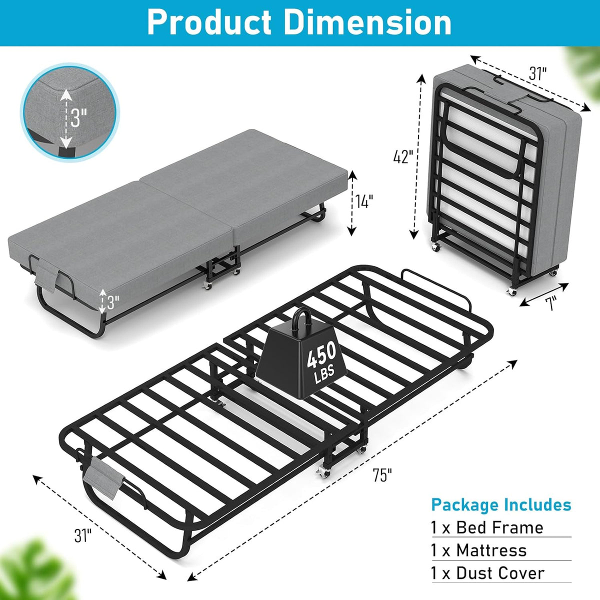 folding bed with mattress for adults, portable foldable, close-up detail