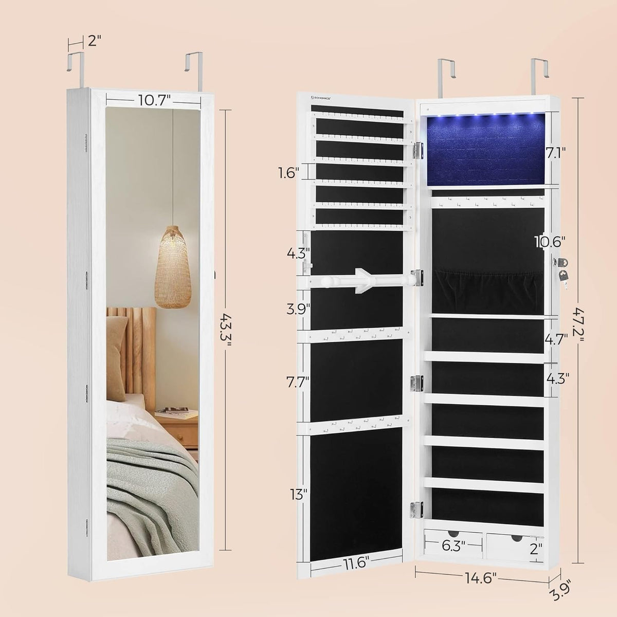 songmics 6 leds mirror jewelry cabinet, 47.2-inch tall, package contents