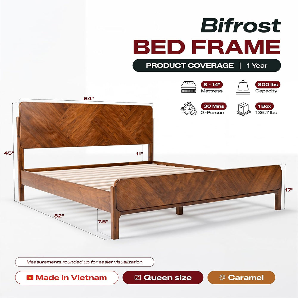 Bifrost Wood Queen Bed Frame with Headboard & Footboard, Caramel