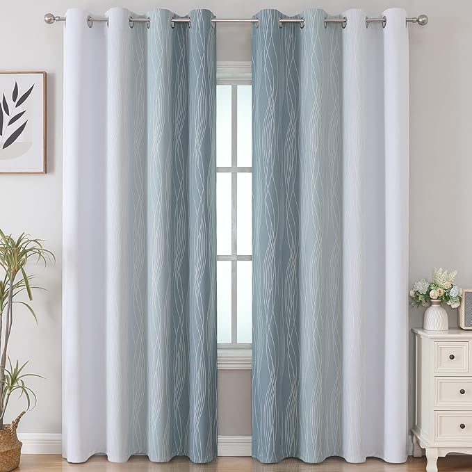 Estelar Textiler Stone Blue and Greyish White Blackout Curtains 84 Inches Long - Image 2