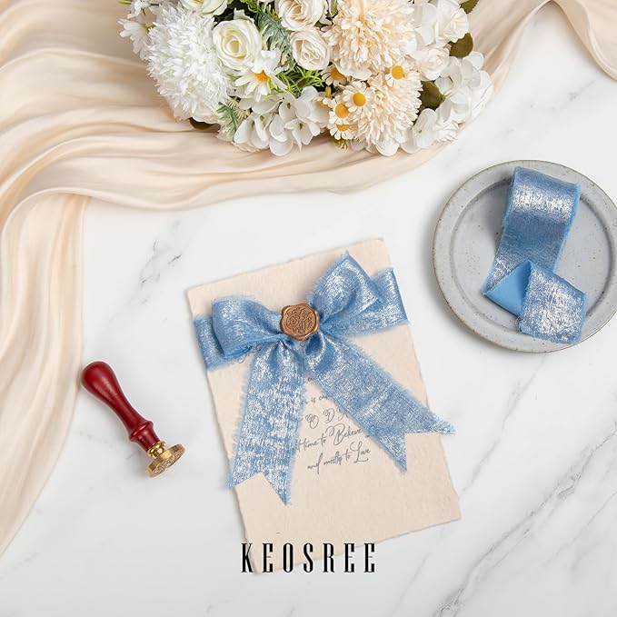 Deep Sky Blue Silk Chiffon Ribbon, Dusty Blue Frayed Shimmery Silk Ribbon - Image 3