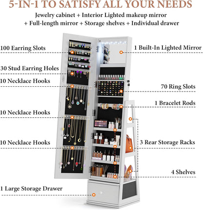 rotatable 6 leds jewelry armoire with drawer, white showing dimensions