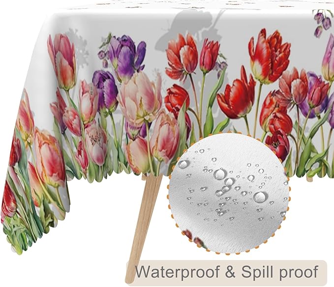54x86inches Floral Tablecloth Red Purple Tulip Flowers Blooming Rectangle Table - Image 2