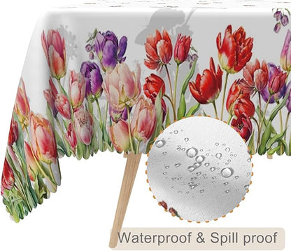 70x120inches Floral Tablecloth Red Purple Tulip Flowers Blooming Rectangle - Image 2