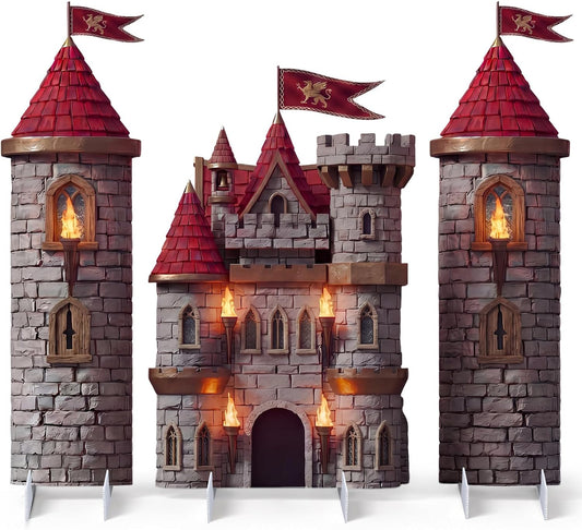 Novabright 3 Pcs Medieval Castle Backdrop Stand with Bases, Large Stone Knight and Castle Party Decorations, Freestanding Corrugated Plastic Photo Booth Props for Birthday Halloween Dragon Party