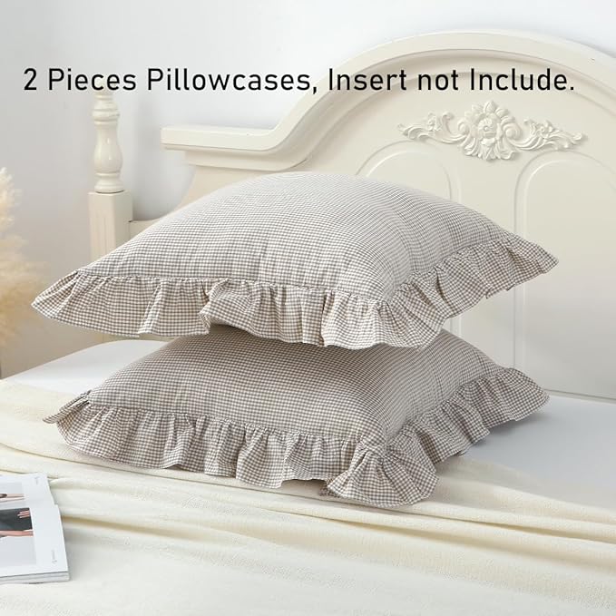Brown/White Ruffle Plaid Throw Pillow Covers Farmhouse Checkered Gingham - Image 5