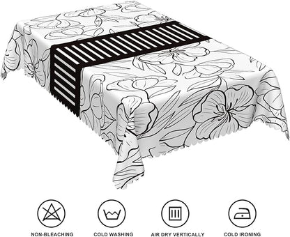 60x84inches Floral Rectangle Tablecloth Black and White Sketch Floral Printed - Image 6