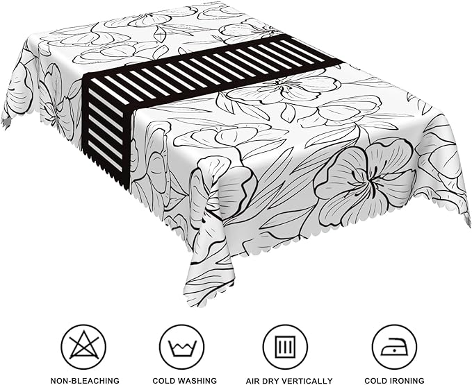 60x108inches Floral Rectangle Tablecloth Black and White Sketch Floral Printed - Image 6