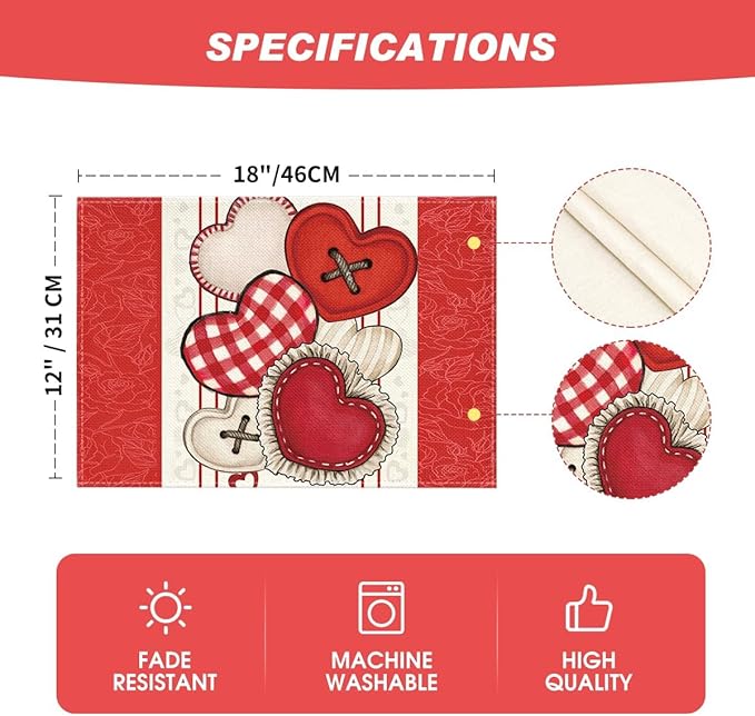 Artoid Mode Red Heart-Shaped Buttons Valentine Placemats Set of 4, 12x18 Inch - Image 5