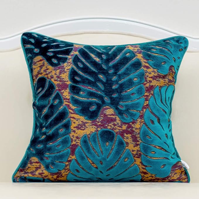 Alerfa 20 x 20 Inch Square Leaf Pillow Embroidery Cut Velvet Cushion Case by Alerfa