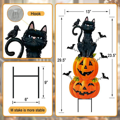 Outdoor Halloween Decorations,Metal Black Cat & Jack'O Lighted Timer Stakes