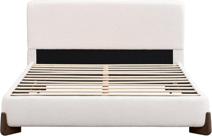 merax boucle king bed, upholstered bed frame and showing dimensions