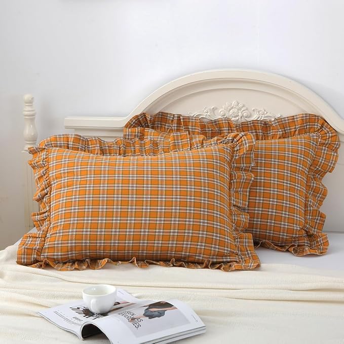 Burnt Orange Tartan Plaid Ruffle Pillow Covers Standard Size Set of 2, Washed - Image 2