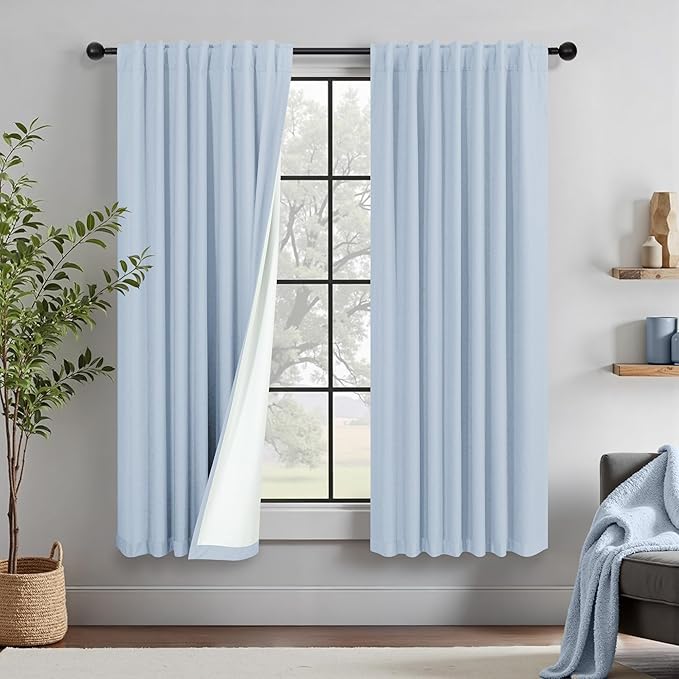Light Blue Linen Curtains for Bedroom 63 Inch Length 2 Panel Cute Blackout by DANCURTON