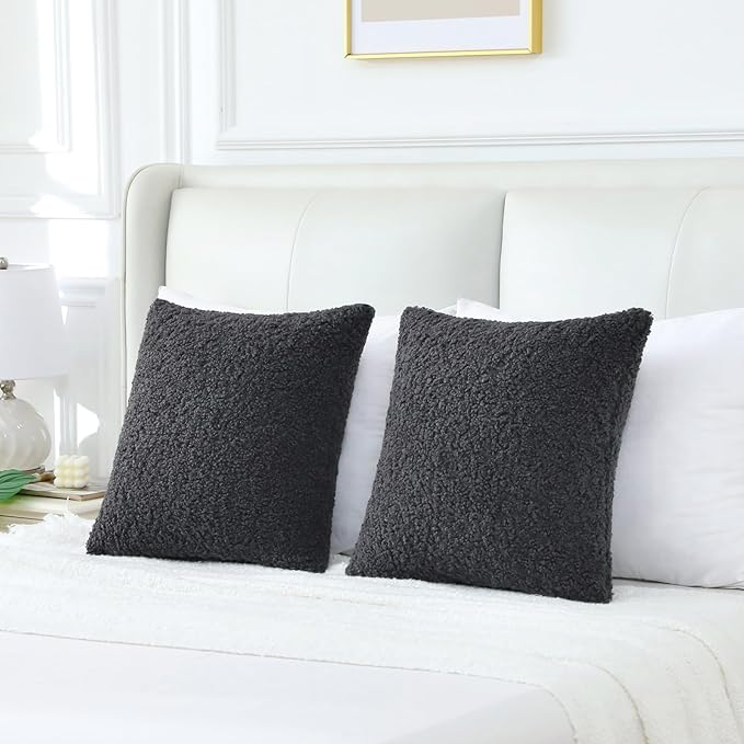 FUTEI Charcoal Throw Pillow Covers 24x24 Inch Set of 2, Furry Faux Fur Teddy - Image 6