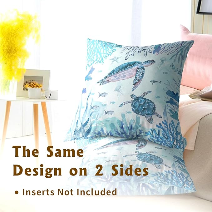 Set of 2 Sea Turtle Throw Pillow Cover 20x20 inch Nautical Coastal Ocean Coral - Image 5