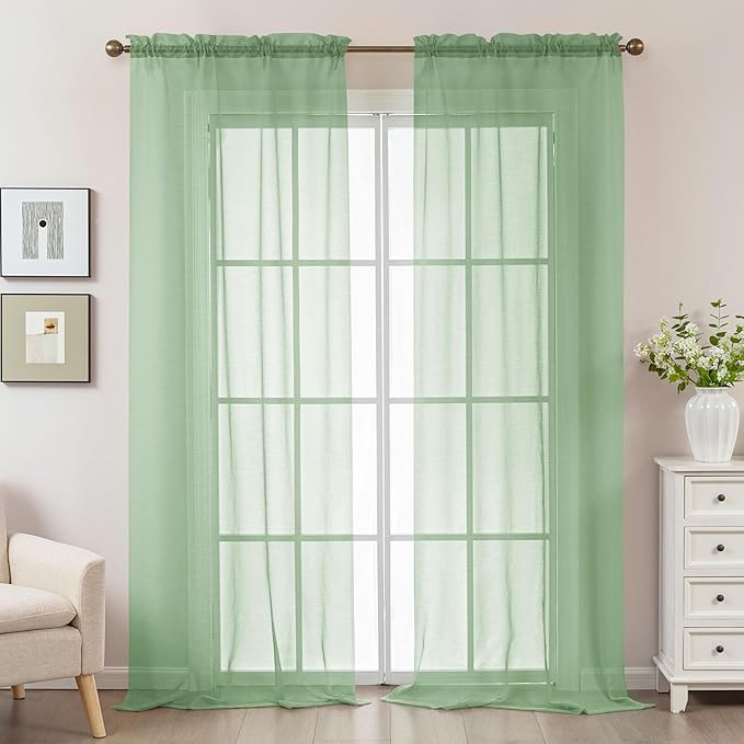 Sage Green Sheer Curtains 96 Inches Long, Privacy Semi Sheer Curtains - Image 2