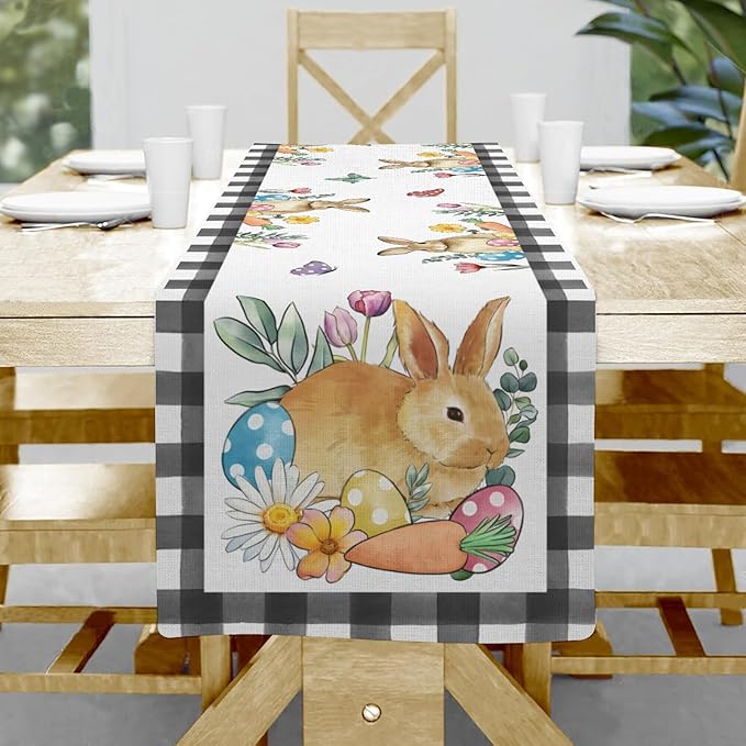 Easter Bunnies Table Runner, Easter Eggs Linen Farmhouse Table Runners by Hliyty
