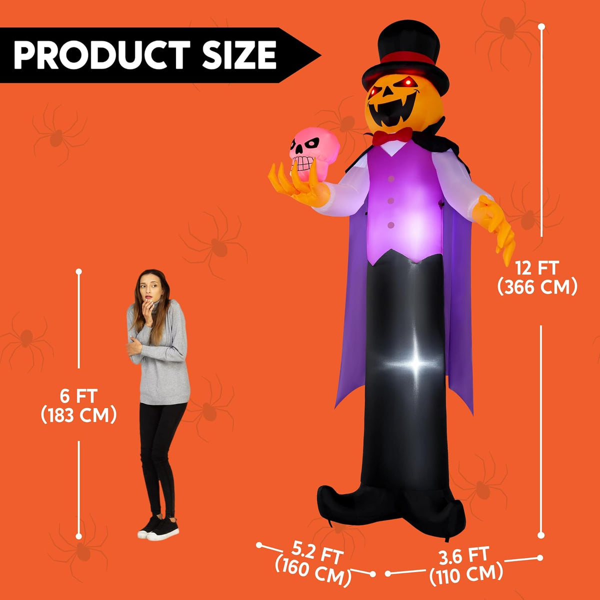 Joiedomi 12FT Giant Halloween Inflatable Pumpkin Ghost Vampire with Skull, Halloween Blow Up Gentleman Ghost Yard Decoration with Built-in LED Glowing Eyes for Lawn Garden Indoor Outdoor Decor