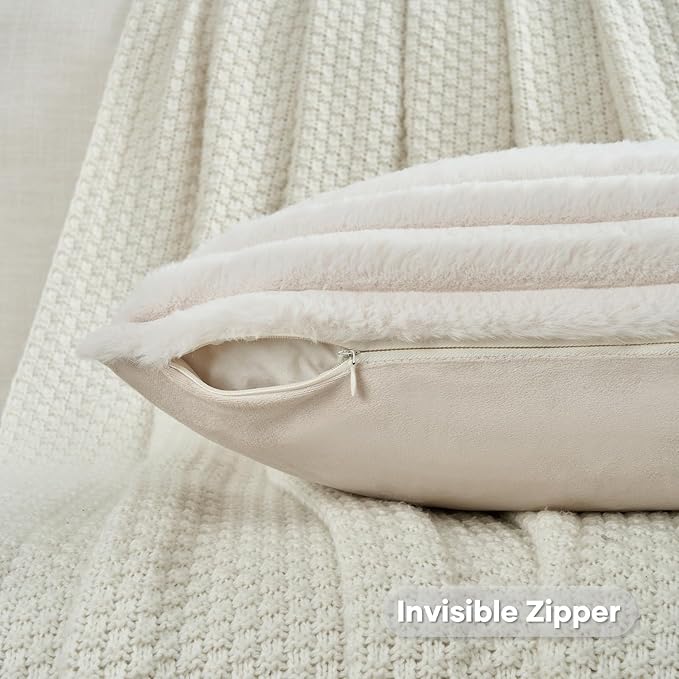 FUTEI Light Beige Throw Pillow Covers Set of 2, 22x22 Inch Striped Texture - Image 3