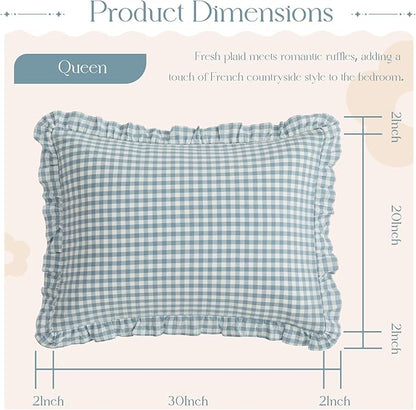 KKJIAF 2 Pcs Plaid Ruffle Pillow Case Queen Size, Cotton Gingham Ruffled Euro - Image 2