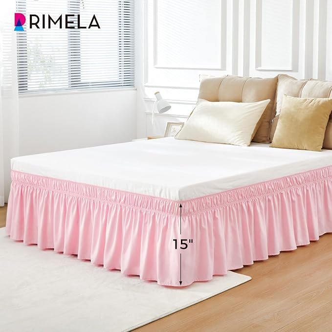 RIMELA Pink Bed Skirt Twin Size 15 Inch Drop, Elastic Bed Skirting - Image 3