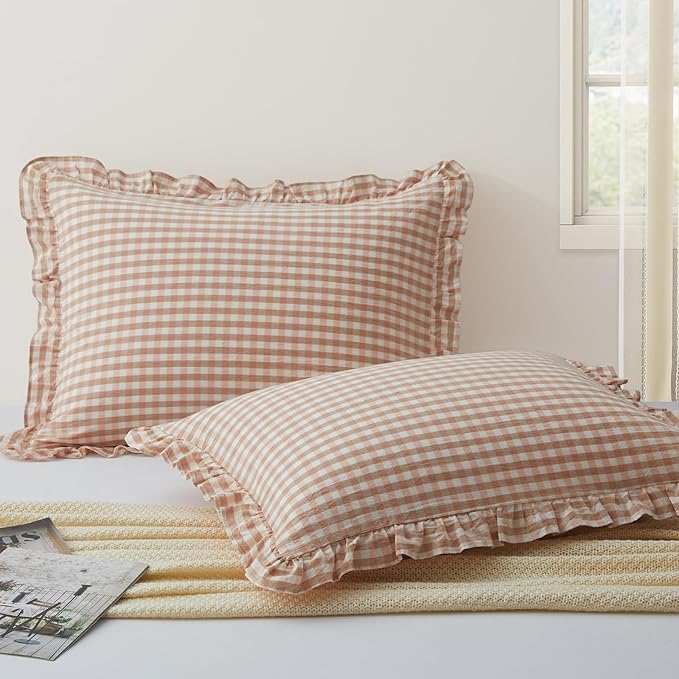 KKJIAF 2 Pcs Plaid Ruffle Pillow Case King Size, Cotton Gingham Ruffled Euro by KKJIAF