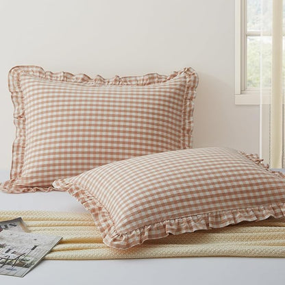 KKJIAF 2 Pcs Plaid Ruffle Pillow Case King Size, Cotton Gingham Ruffled Euro by KKJIAF