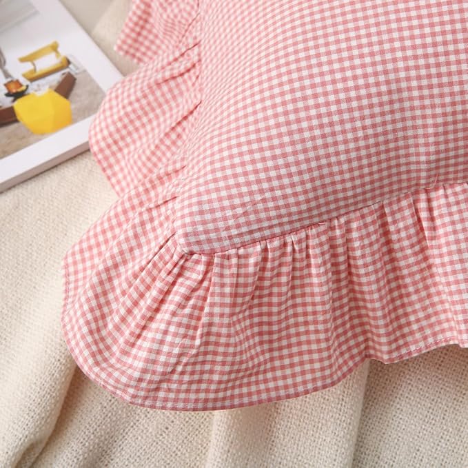 Pink/White Plaid Ruffle Throw Pillow Covers Farmhouse Checkered Gingham 24"x24" - Image 4