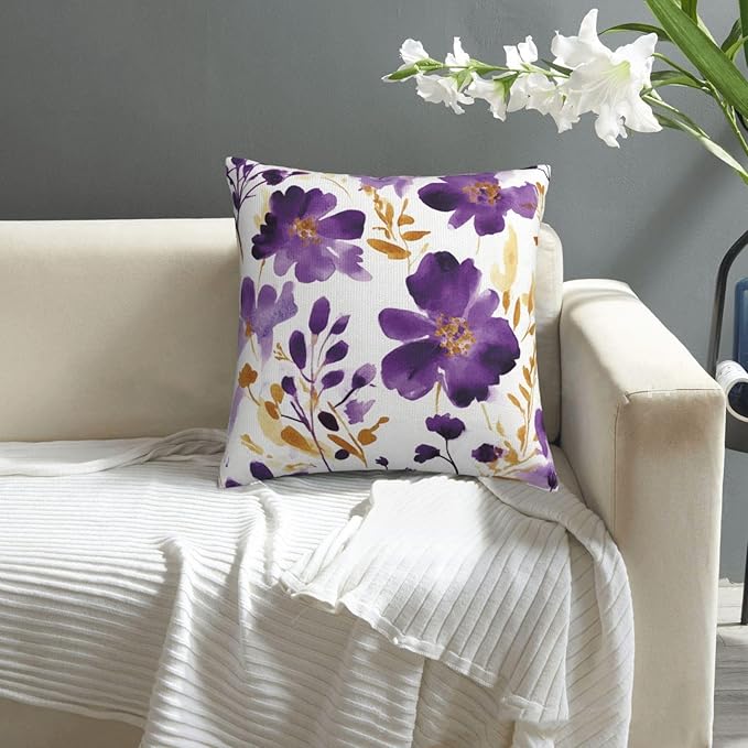 Purple Floral Throw Pillow Covers 18X18 Inch Set of 2, Decorative Violet and - Image 3
